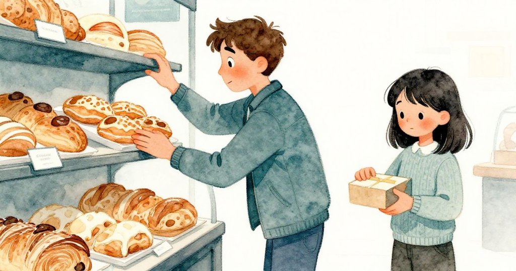 Forrest選取架上堅挺甜點,與旁邊認真摺盒的Esme會合,雙方動作果斷,環境明亮溫馨。