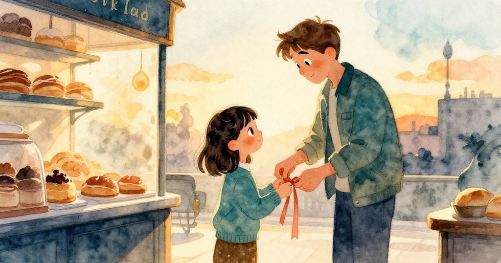 Forrest與Esme在夕陽餘暉中綁上彩帶,臉上流露溫馨滿足,背景透出金色光澤,細小水珠靜靜滑落。