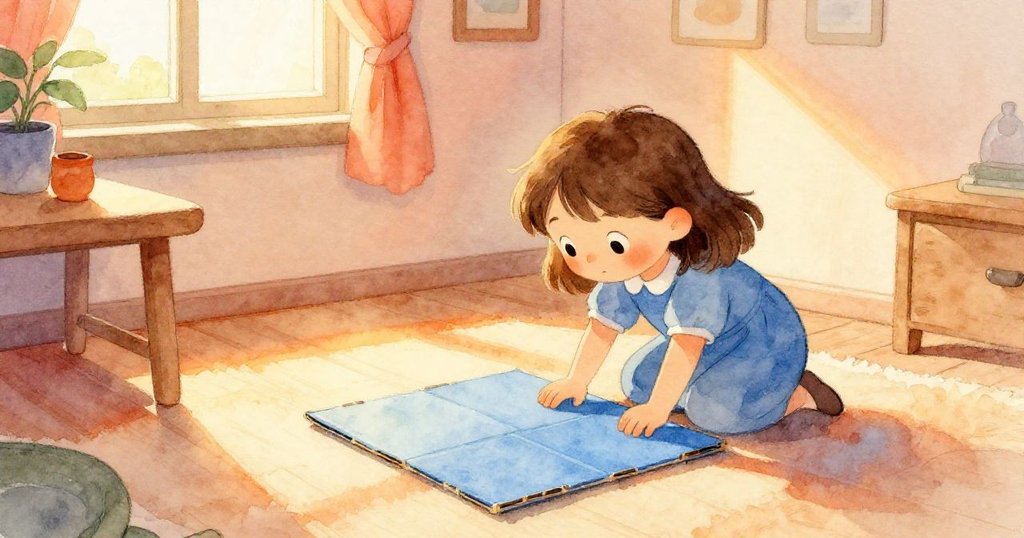 Holly在溫暖家中桌邊推著藍色拼圖,晨光透窗映出柔和光影,她動作靈活充滿希望。