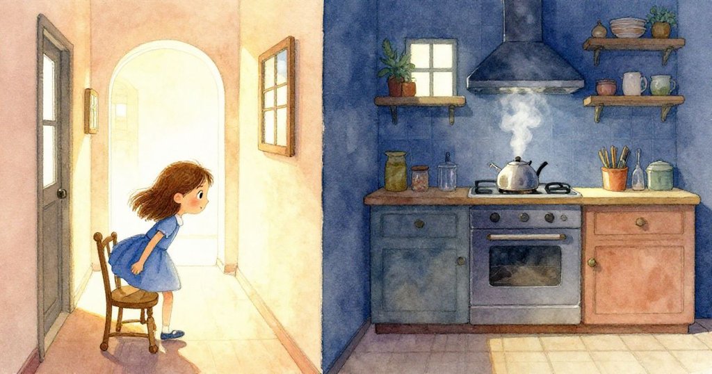 Holly在明亮走廊中推動椅子,同時廚房水壺哨聲冒出蒸汽,畫面呈現動態轉換與溫馨家居氛圍。