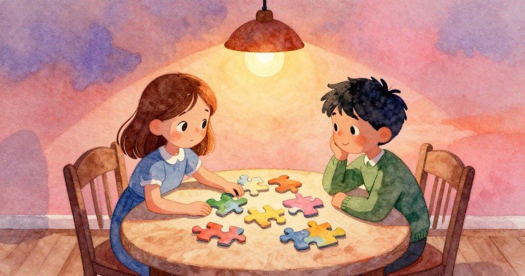 從上方視角看見Holly與Blake分工操作拼圖,燈光與影子交織出協調溫馨的家中合作畫面。