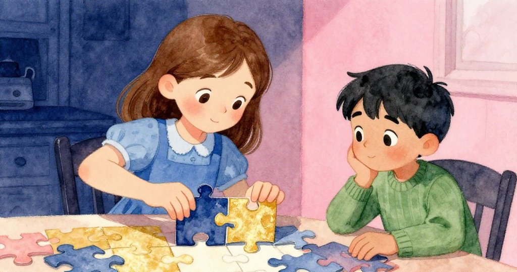 Holly小心移除異常厚重的拼圖,Blake注視邊角細節,兩人表情凝重,現出家中解謎緊張時刻。