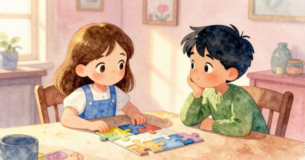 完成拼圖後,Holly與Blake滿足對視,室內溫柔光影與走廊時鐘滴答映出寧靜家居氛圍。