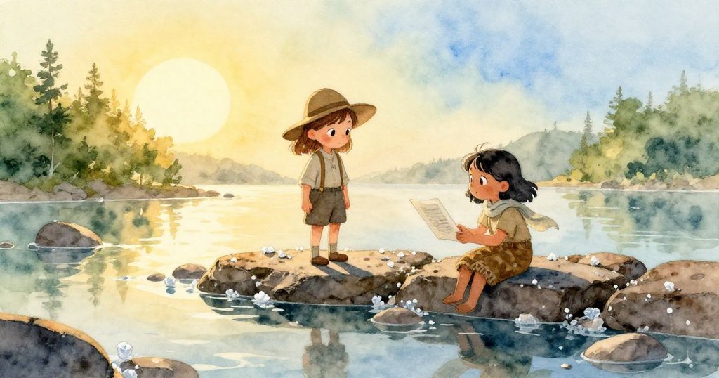 Neve 與 Keira 在潮池的岩石上創作，Neve 調整帽子造影，Keira 觀察海葵，陽光與反射展現動人晨光。