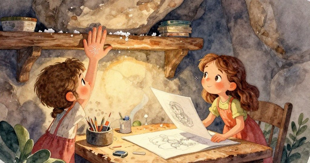 Neve 的手溫柔地放下一塊扁石於潮濕筆記本上，細節展現鹽晶與海邊風情，充滿暖意與精緻感。