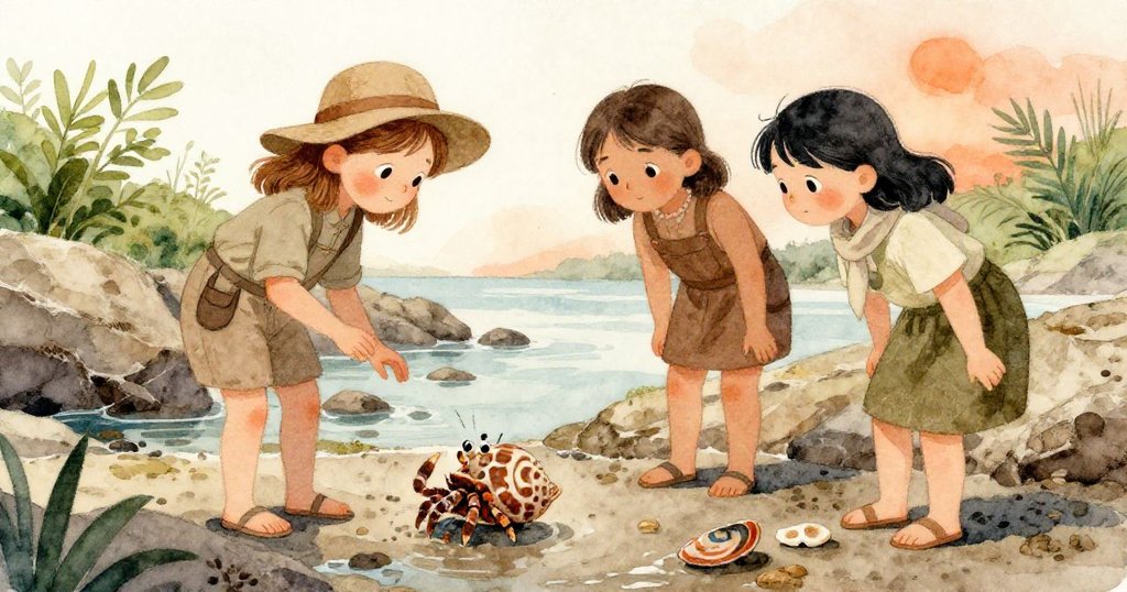 Neve 與 Keira 目光驚喜，觀看螃蟹拖著彩釉陶碎，戶外岩石與夕陽色調展現生動自然風情。