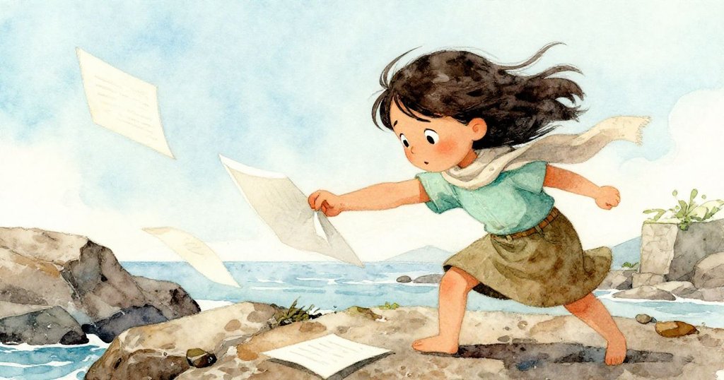 Keira 臉上堅定表情，用手肘固定風中翻飛的筆記頁，動感與挑戰感在岩石潮池上清晰展現。