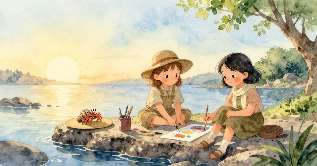 Neve 與 Keira 收拾物品準備結束一天的創作，螃蟹平靜地依附於帽緣，夕光中滿是回憶與溫馨感。