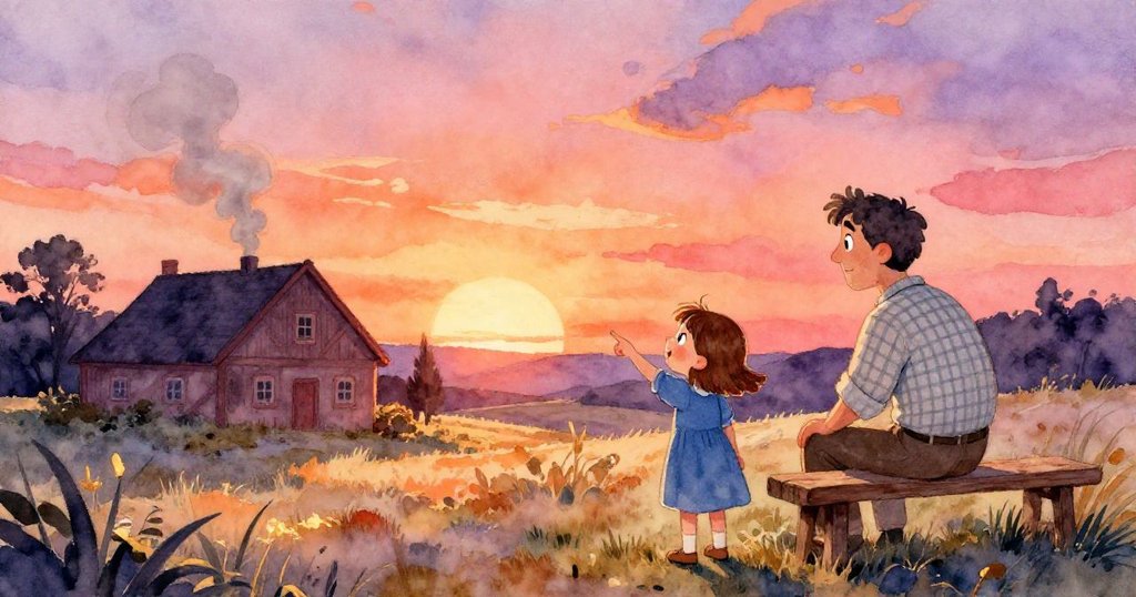 Hope指著田野中冒著蒸氣的暗堆，Jarvis在農舍旁的長椅觀察，兩人流露出好奇與平靜情緒，現場充滿溫暖暮光。