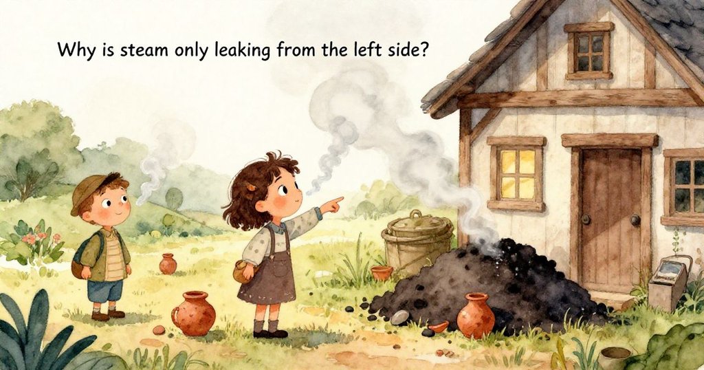 近距離展現封閉的窯爐，露出包裹香蕉葉隱藏的食材，淡淡蒸氣輕輕飄出，散發溫暖泥土氣息。