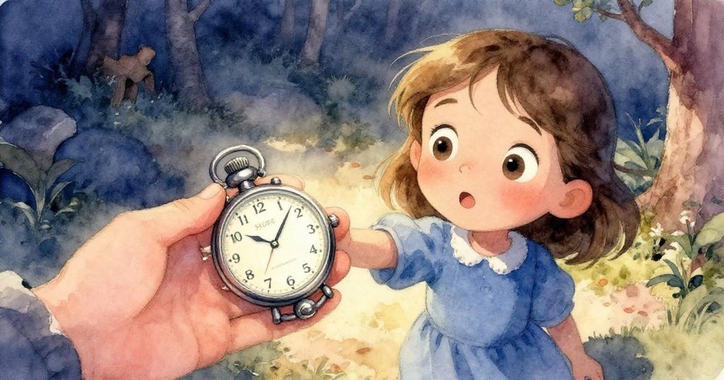 Hope聚精會神地用手指輕觸長椅上懸掛的金屬手錶，背景蒸氣朦朧，展現對時間與歷史的細膩把握。