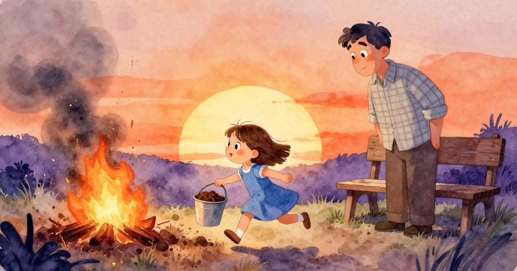 Hope急速穿越冒煙區域提著裝滿暖土的水桶奔跑，Jarvis在長椅上注目，兩人充滿決心改善窯爐密封。