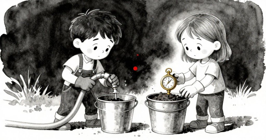 Nolan調整水管，Wren檢查銅製計時器和堆肥桶，戶外環境中展現人與物品的鮮明對比，情節逐步展開