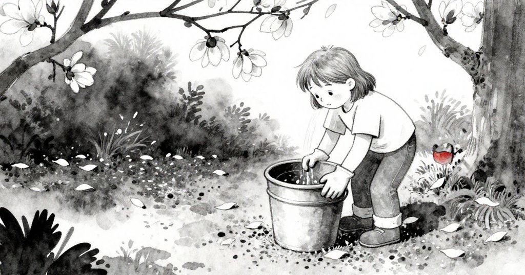 Wren在濕潤石子上操作堆肥桶，周圍點綴著飄落的木蘭花瓣，柔和光影展現季節變換與自然韻味