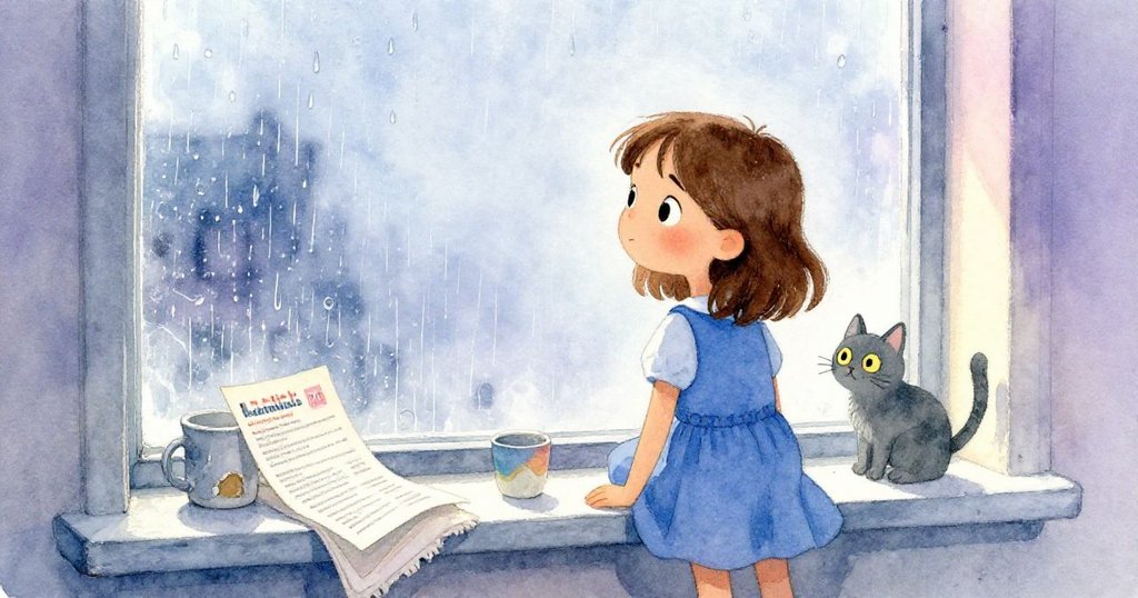 Olive站在雨中窗前，剪影中展現她專注觸摸窗戶，旁有皺摺毛巾、破裂杯子與摺紙宣傳單，神情專注。