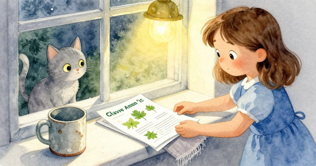 Olive整理窗台上舊舊宣傳單、破裂杯子和破舊毛巾，Nimbus好奇凝視，雨景與溫暖燈光交錯情景。