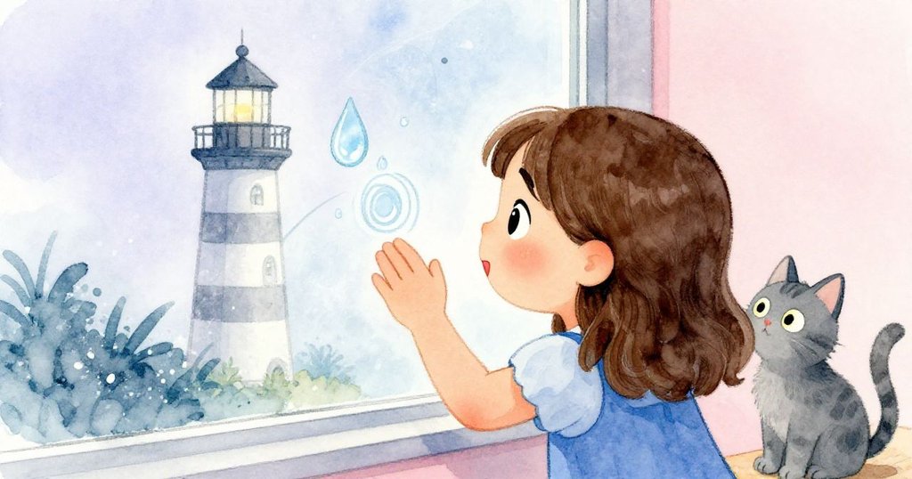 從Olive身後觀察，她急忙追逐模糊窗上燈塔圖案，Nimbus靜立旁邊，雨景與燈光交織出溫暖緊張氛圍。