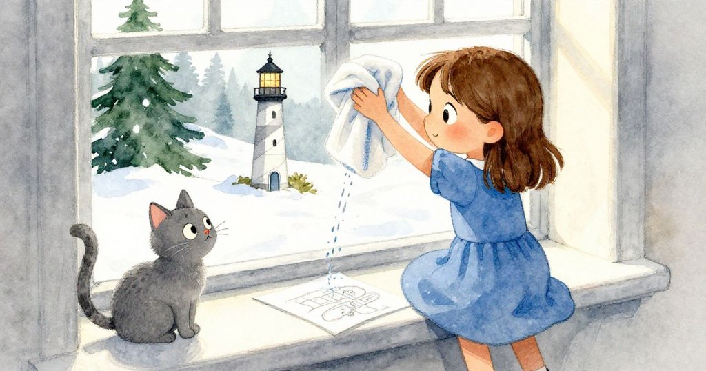 Olive動作迅速折疊毛巾阻擋逐漸壯大的水痕，濕潤窗台及漸變時光中，Nimbus靜觀變化，心情焦急。