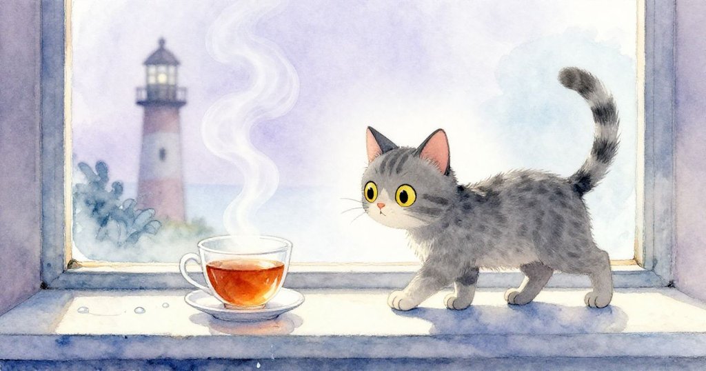 窗台上水跡濺入茶杯，熱氣再現模糊燈塔，Nimbus躍動試探霧氣，場景動態感強烈，充滿驚奇。