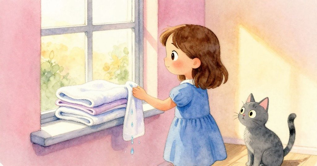 晚霞映照中，Olive微笑凝視已整齊摺好的毛巾擋水，Nimbus安靜望著，室內窗台呈現溫馨金黃氛圍。