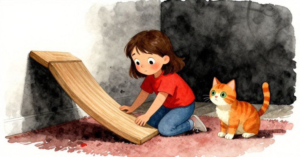 Hazel蹲在柔軟地毯上細察下滑輪盤，橘貓靜靜觀望，場景溫馨充滿期待與細膩情感。