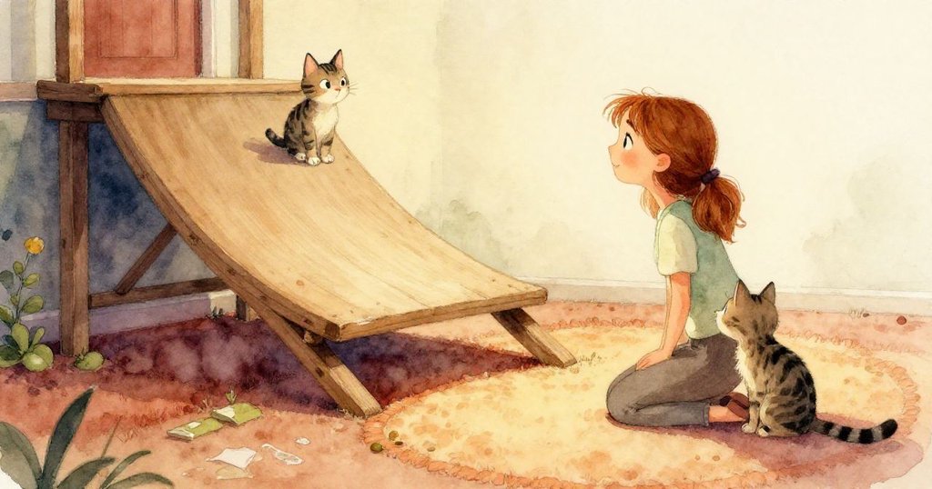 Hazel專注調整薄紙板與閃亮彈珠，水珠在紙板旁閃爍，細節精緻展現探索精神。