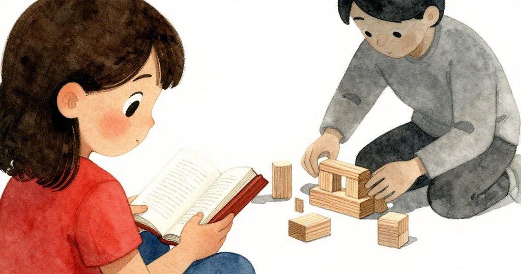 從背後看Hazel認真更換支撐物，旁邊成人整理木塊，現出堅毅與協作，情景溫馨。