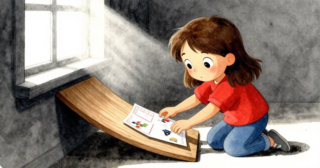 Hazel彎身用明信片調整滑道，窗外陽光灑入室內照亮專注神情，場景溫暖精緻。