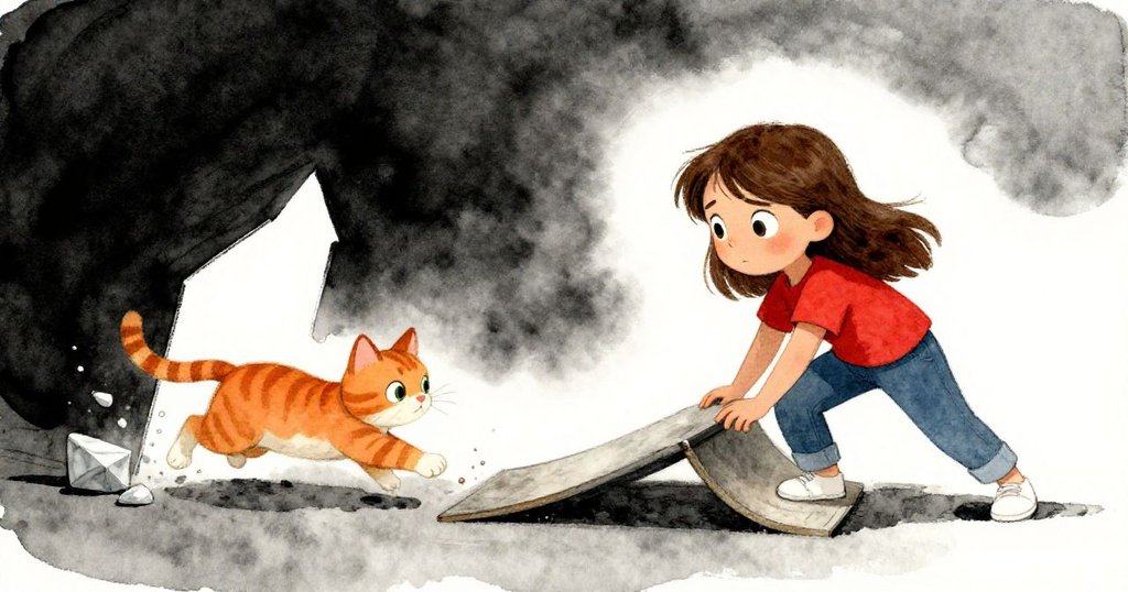 緊張時刻中彈珠激撞轉角，橘貓躍向落點，Hazel穩定滑道，神情專注並顯堅毅。