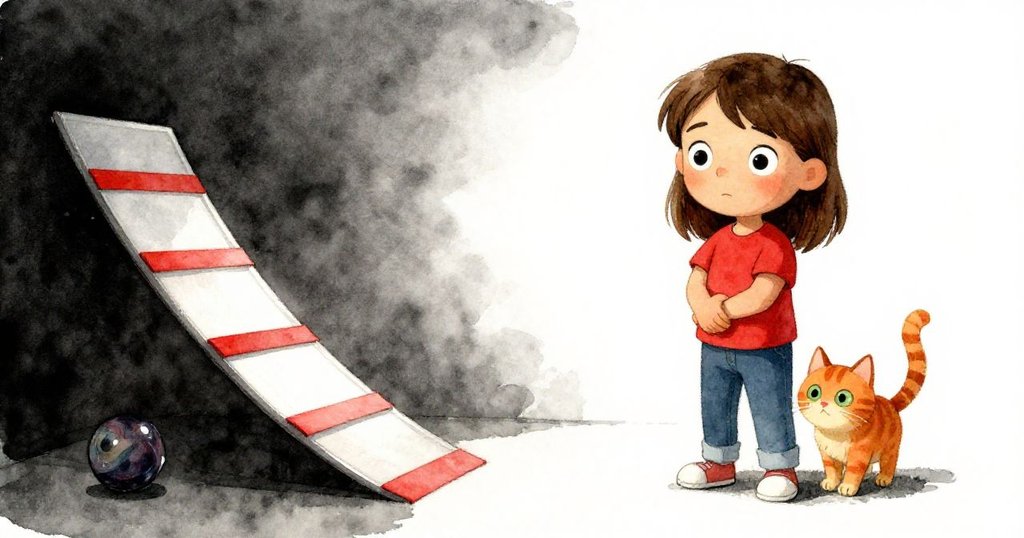 最終畫面中滑道上紅色膠帶隱現，橘貓好奇嗅聞旋轉彈珠，Hazel保持穩定，情景懸念未解。