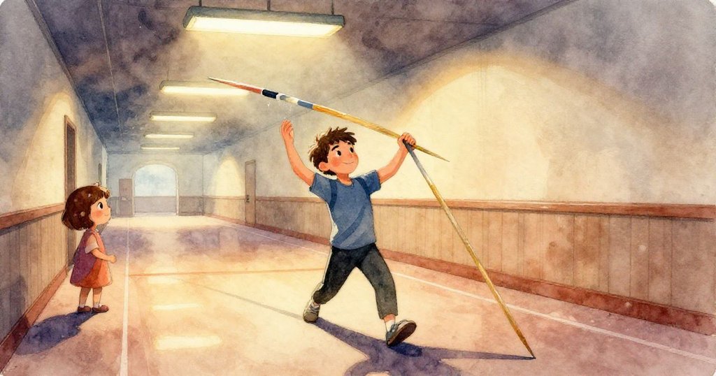 Cal仔細檢查彎曲的標槍，手指輕觸光滑木軸，表情中流露出些許失落，背景隱約可見獎盃架。