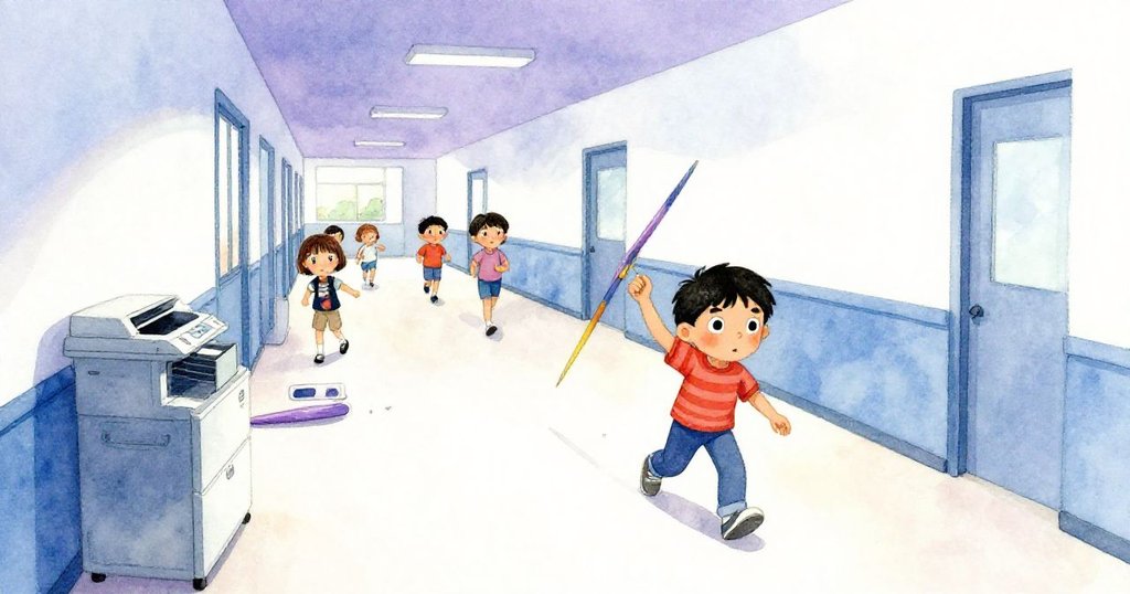 校園走廊中標槍滾動擋住影印機旁，學生急步趕來，Cal神情驚訝，畫面充滿動感與轉折。