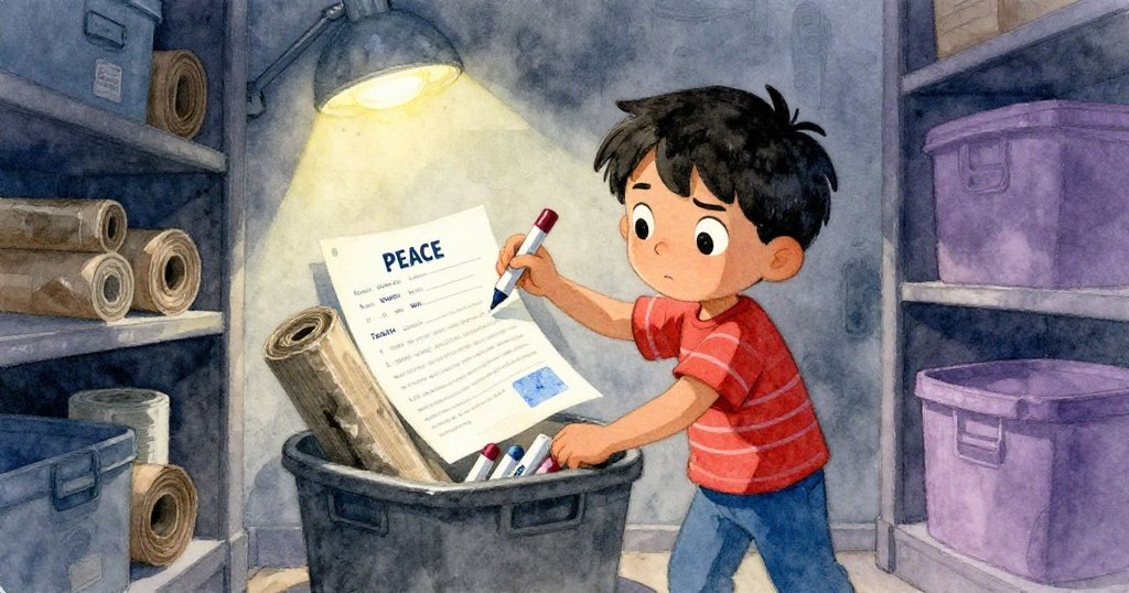 供應櫃門前，Cal在昏暗閃爍燈光下翻找文具，發現藏於紙箱後的和平條約，臉上充滿好奇。