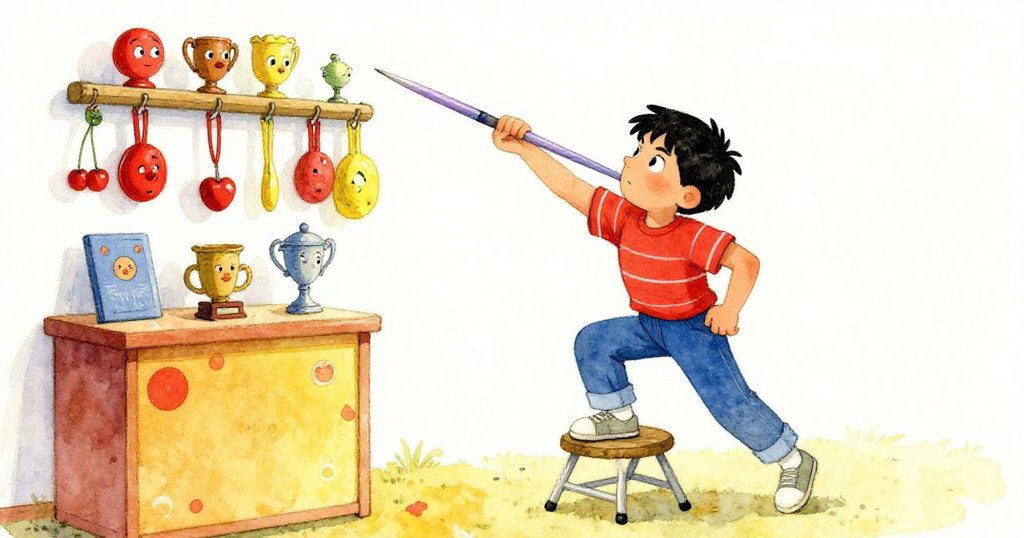 Cal攀上摺疊凳，小心將標槍沿前臂平衡，目光堅定注視獎盃架，瞬間定格緊張氛圍。