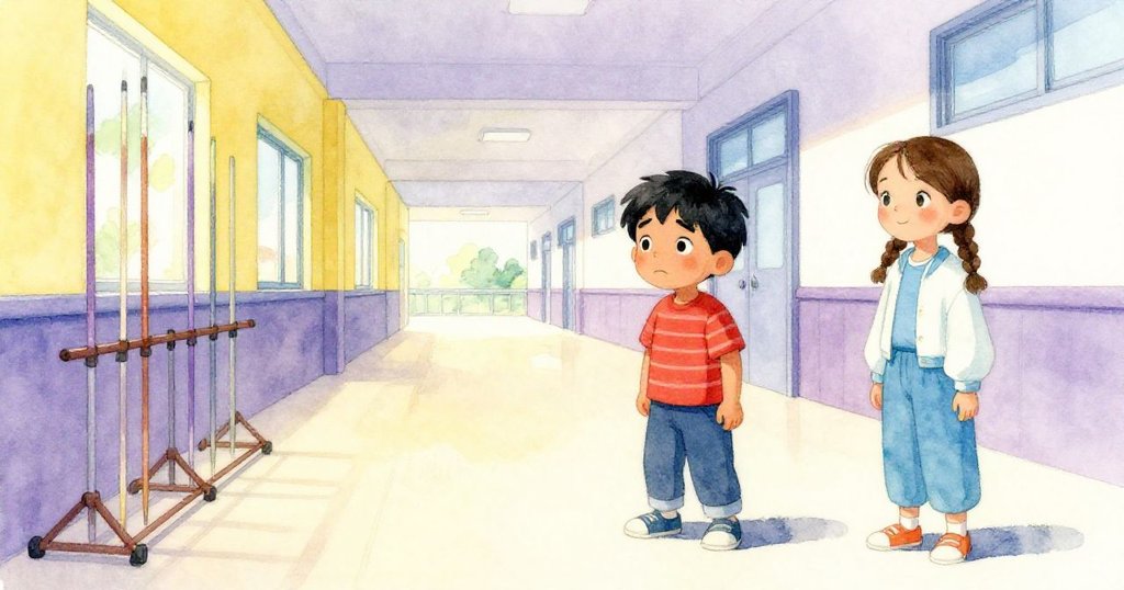 走廊恢復平靜，標槍整齊掛於架上，Cal與Lily面帶微笑，示意緊張情勢化為溫馨結局。