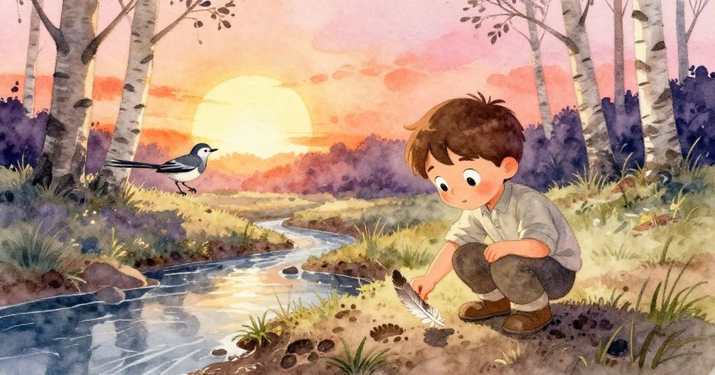 芬恩蹲在泥濘溪岸邊仔細觀察斷裂羽毛、蹄印與彎曲草葉，背景中灰色鹡鴎輕快跳躍，環境充滿探險氣息。