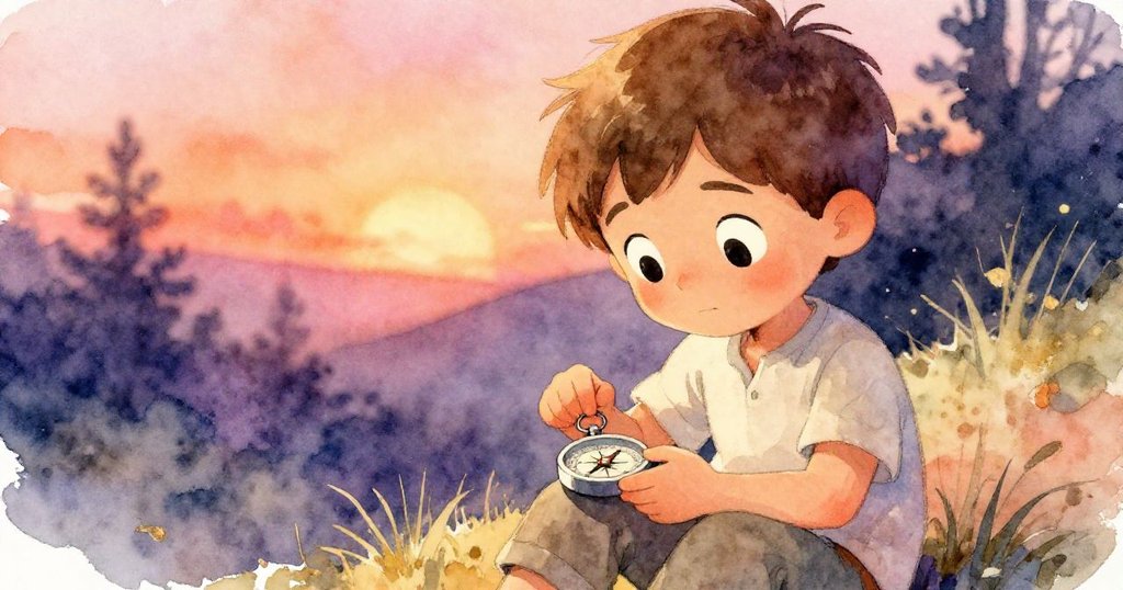 芬恩面部近距離特寫，神情專注而好奇地敲打著指南針，背景朦朧透露著自然光影。