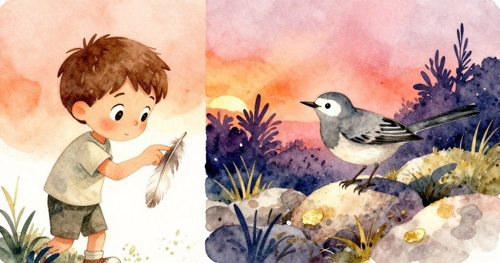 芬恩一邊輕撫破損羽毛，神情專注，另一邊灰色鹡鴎在石間飛馳，分割畫面展現探索中的發現與活力。