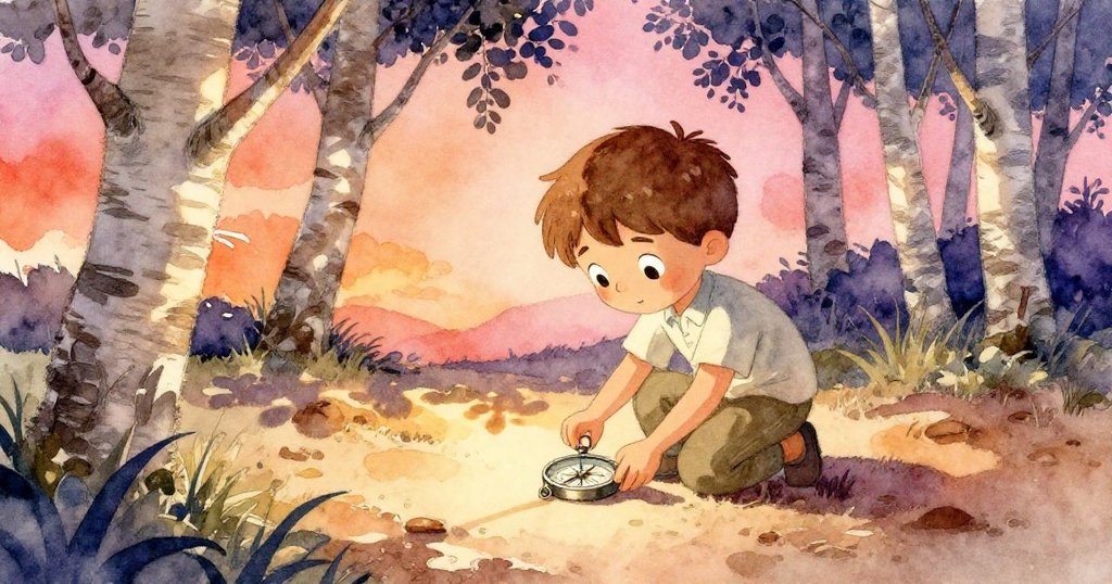 芬恩在樺樹下調整指南針，用樹枝對準太陽影，柔和光線下泥濘與樹葉交織出自然靜謐感。