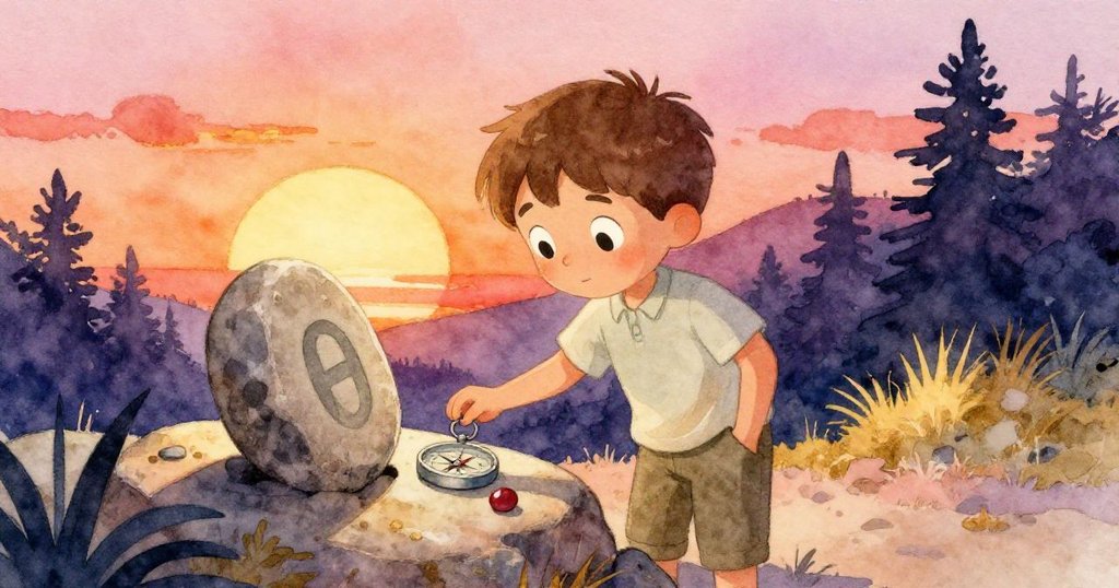 芬恩在探索中發現刻有數字的路標石，放置指南針時看見鮮紅石子滑入口袋，驚喜與好奇交織。