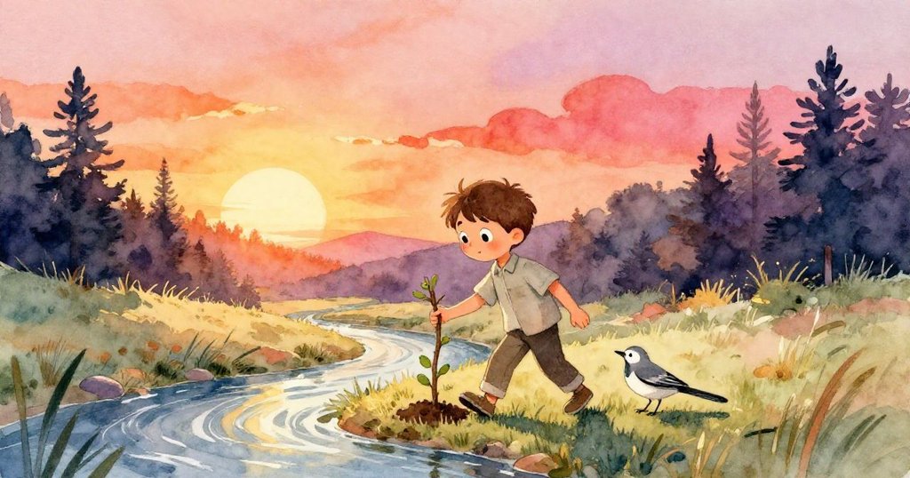 芬恩在溪邊插下短樹枝作標記，邊走邊與灰色鹡鴎重逢，共赴新探險，充滿自然溫馨與前進勇氣。