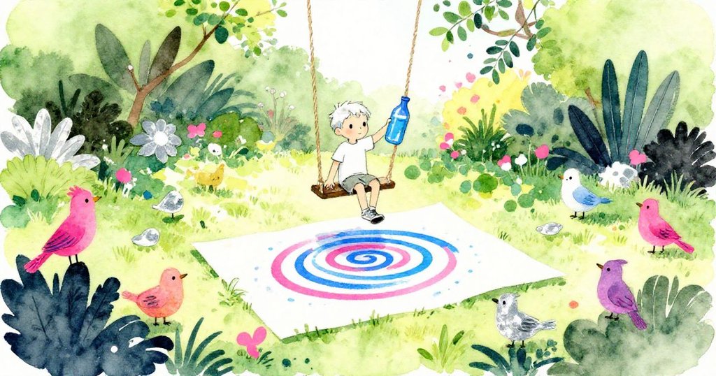 萊爾在生機盎然的庭院中忙碌，背景有小鳥與松鼠，藍色旋渦與漿瓶動態展現故事開始情景，臉上滿是期待與興奮。