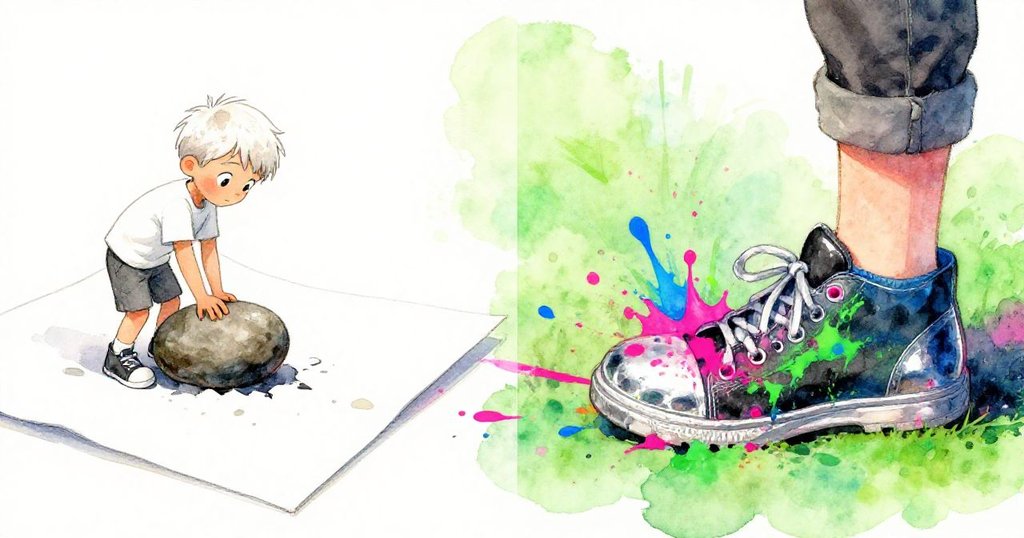 場面分割呈現，左邊是石頭滑動留痕，右邊顯示漿料濺在萊爾鞋上，動感與關切表情突出故事發展。