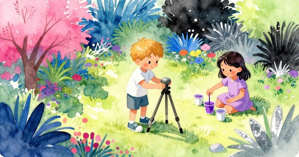 高角度俯瞰庭院，萊爾用石塊支撐三腳架，瑪格特調拌紫色漿料，兩人專注合作展現創作過程。