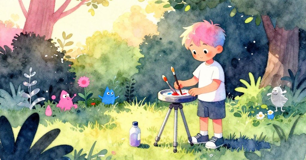 傍晚時分庭院靜謐，萊爾收拾畫筆，穩定三腳架與靜止漿瓶相映成趣，畫面溫暖安詳，故事圓滿落幕。