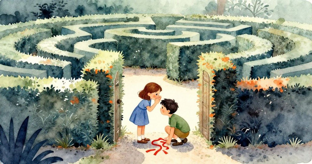 Gwen和Joel在古老迷宮入口處互動，Gwen低語，Joel彎腰檢查紅絲帶，背景有灑落的碎石和盒狀灌木，表情充滿好奇。