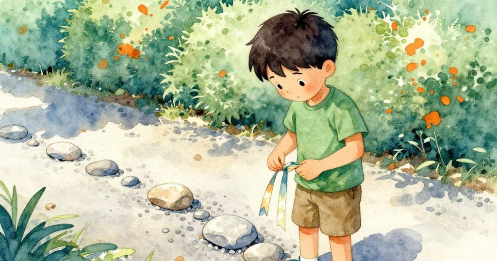 Joel專注地將褪色絲帶放入口袋，側面展示他在碎石路上數石頭，背景中有細節豐富的盒狀灌木，表情沉著。