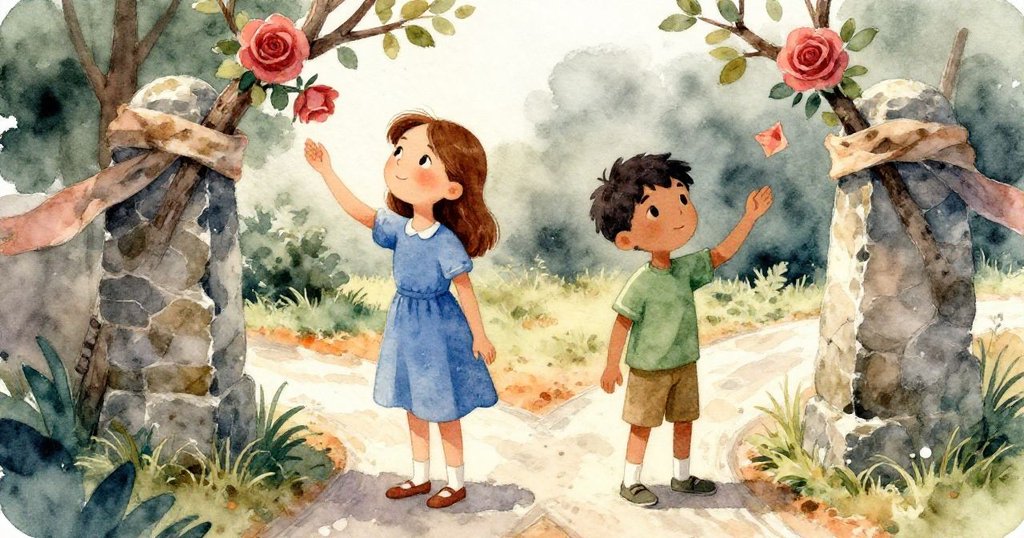 Gwen細察石頭痕跡，Joel在一旁注視，兩條褪色絲帶懸掛，背景有分岔路口與自然樹枝，氣氛充滿神秘感。