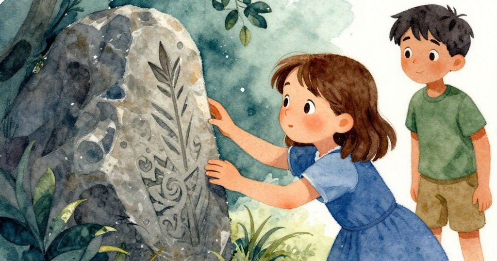 Gwen仔細看著刻有箭頭圖案的石頭，她的手輕觸濕潤石面，Joel在旁注視，環境中有涼爽綠葉，神情充滿好奇。