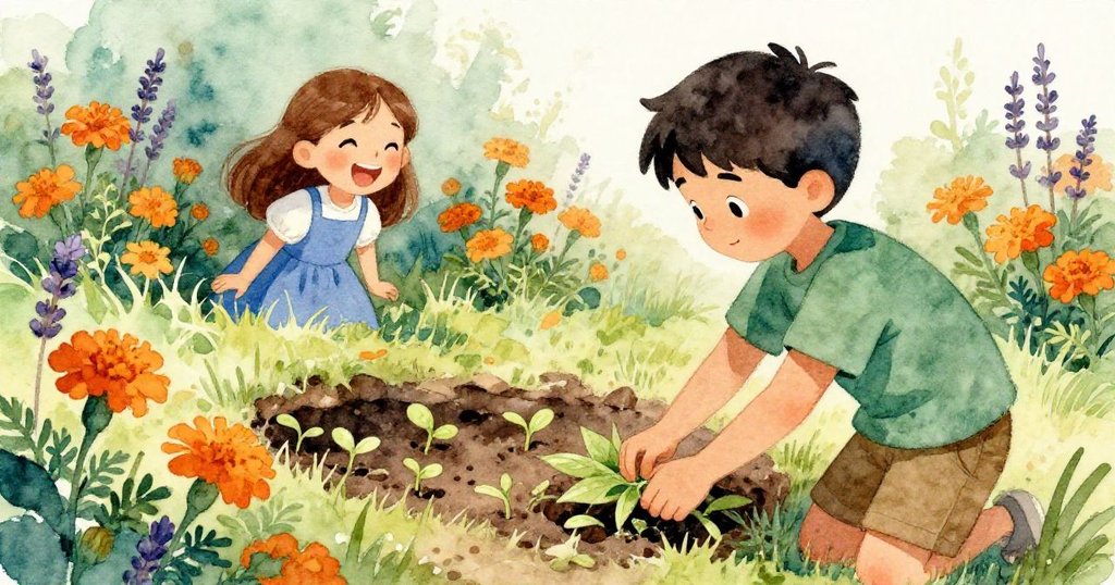 Joel輕輕撥開涼爽的葉子展示出隱藏通道，Gwen歡笑著表現出喜悅，背景有嫩綠枝葉和盛開的金盞花與薰衣草，充滿溫暖與探索感。